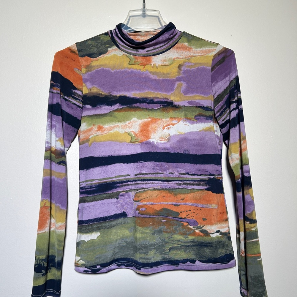 Abstract Multicolor Long Sleeve Mockneck Top